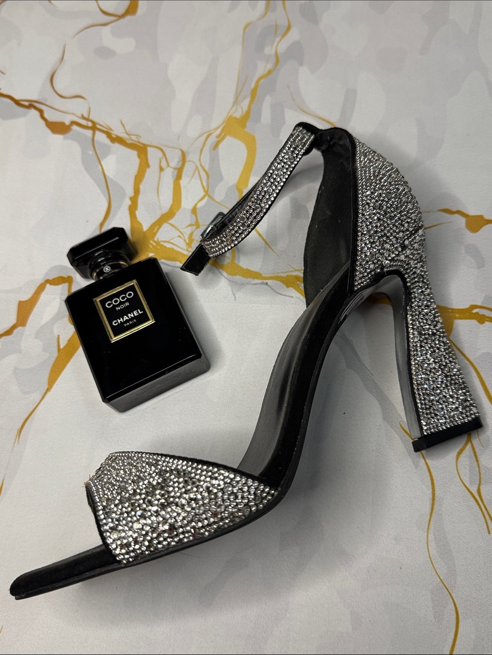 Jennifer Lopez Black Crystal Block Heel Sandals